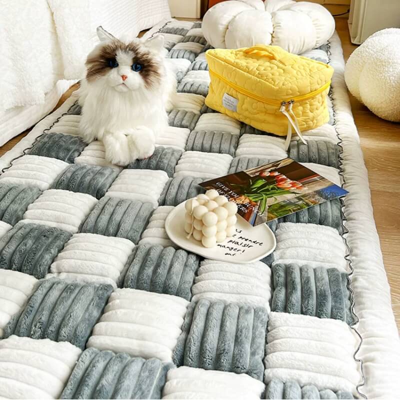 Cremefarbener großer karierten quadratischer fuzzy Haustier Hundematte Bett Ecksofa Couchbezug
