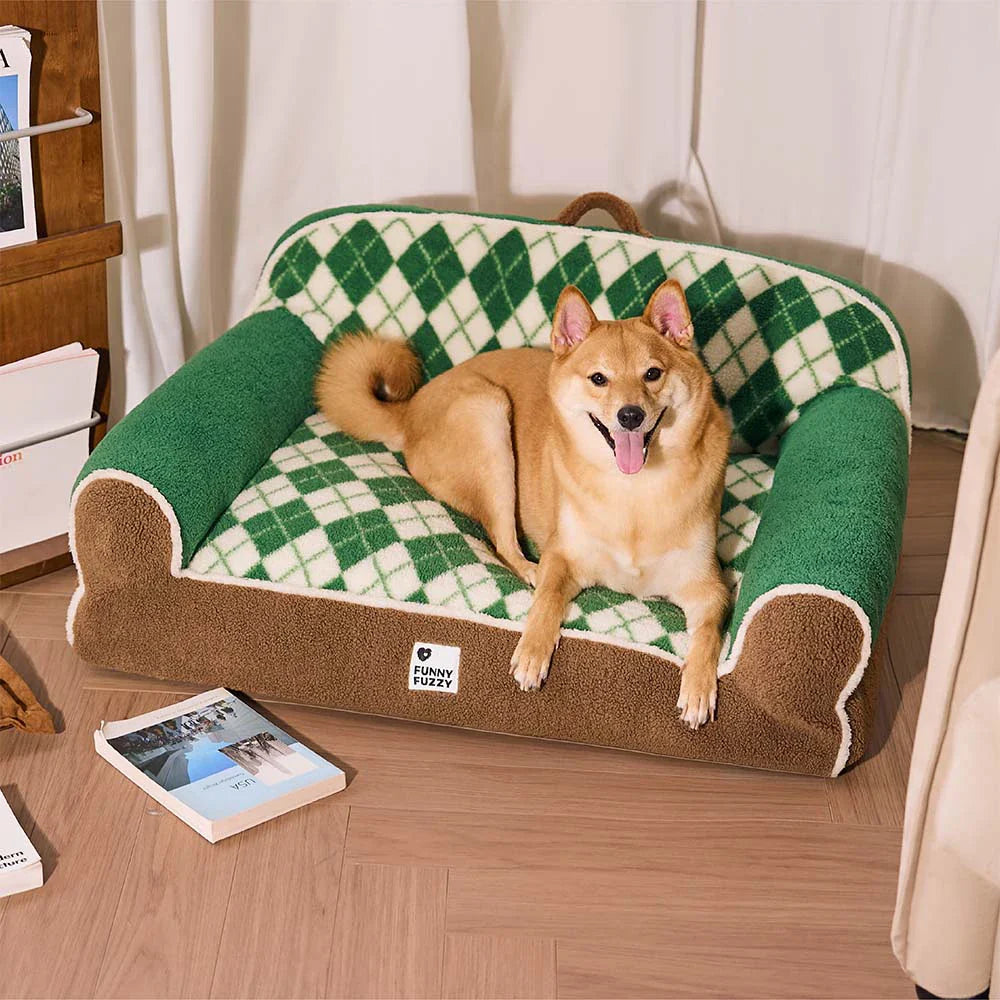 Orthopädisches Sherpa-Sofabett für Hunde und Katzen mit Diamantmuster – Farbe Kakaokiefer