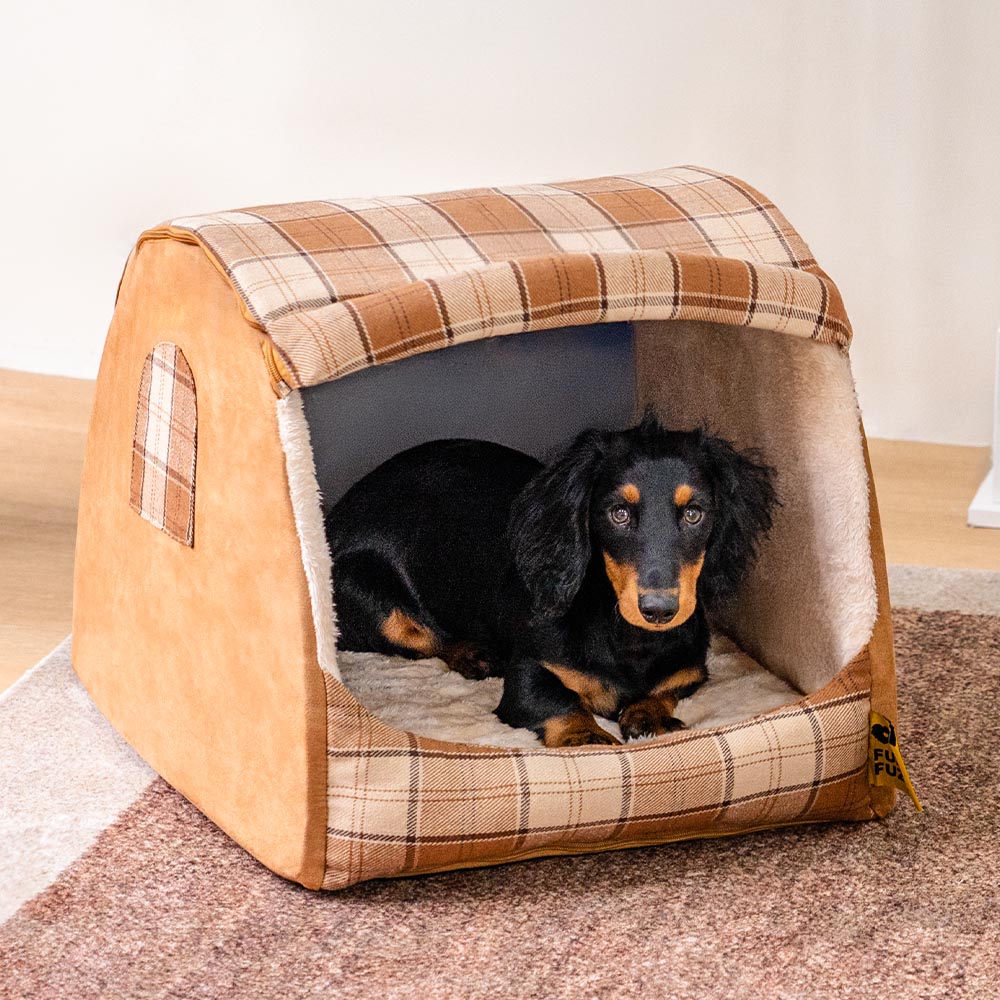 Klassisches Plaid-Haus orthopädisches Hundebett - Rückzugshütte