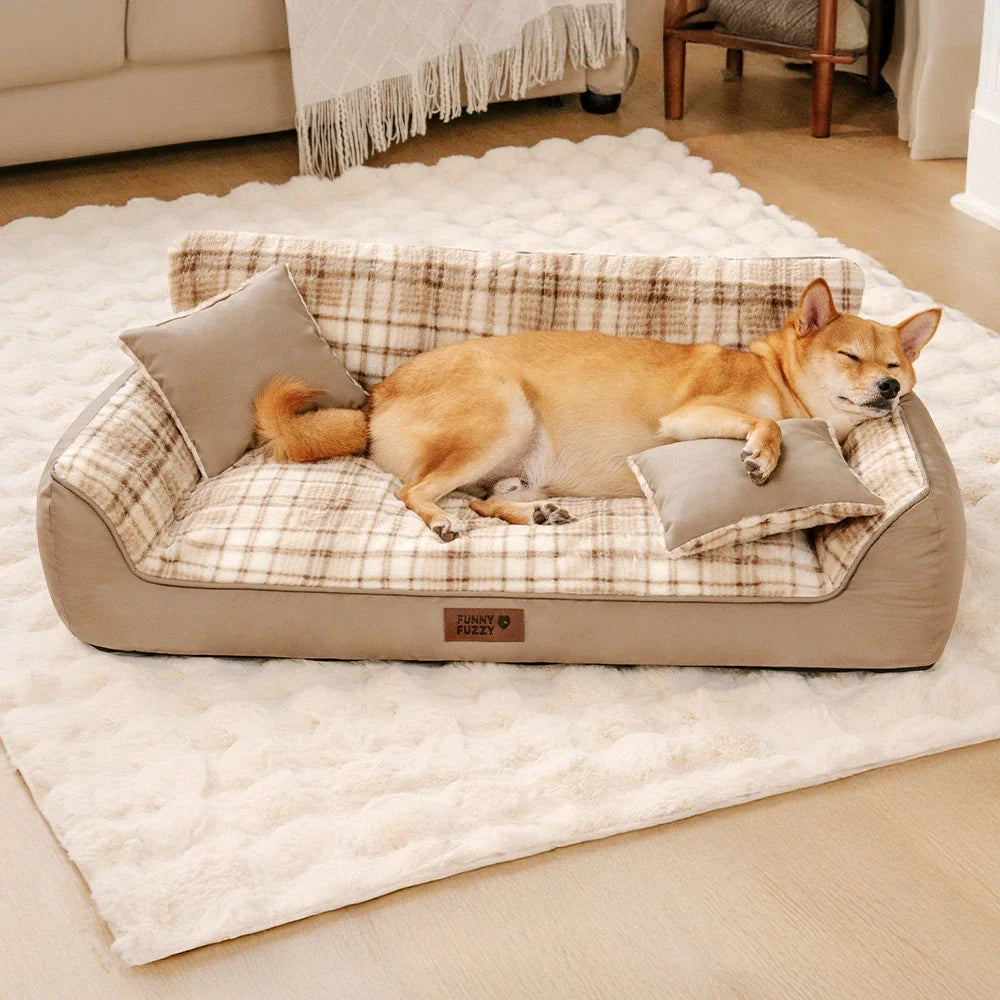 Orthopädisches Hundebett aus weichem Vintage-Karo-Plüsch mit Kissen – CozyLuxe
