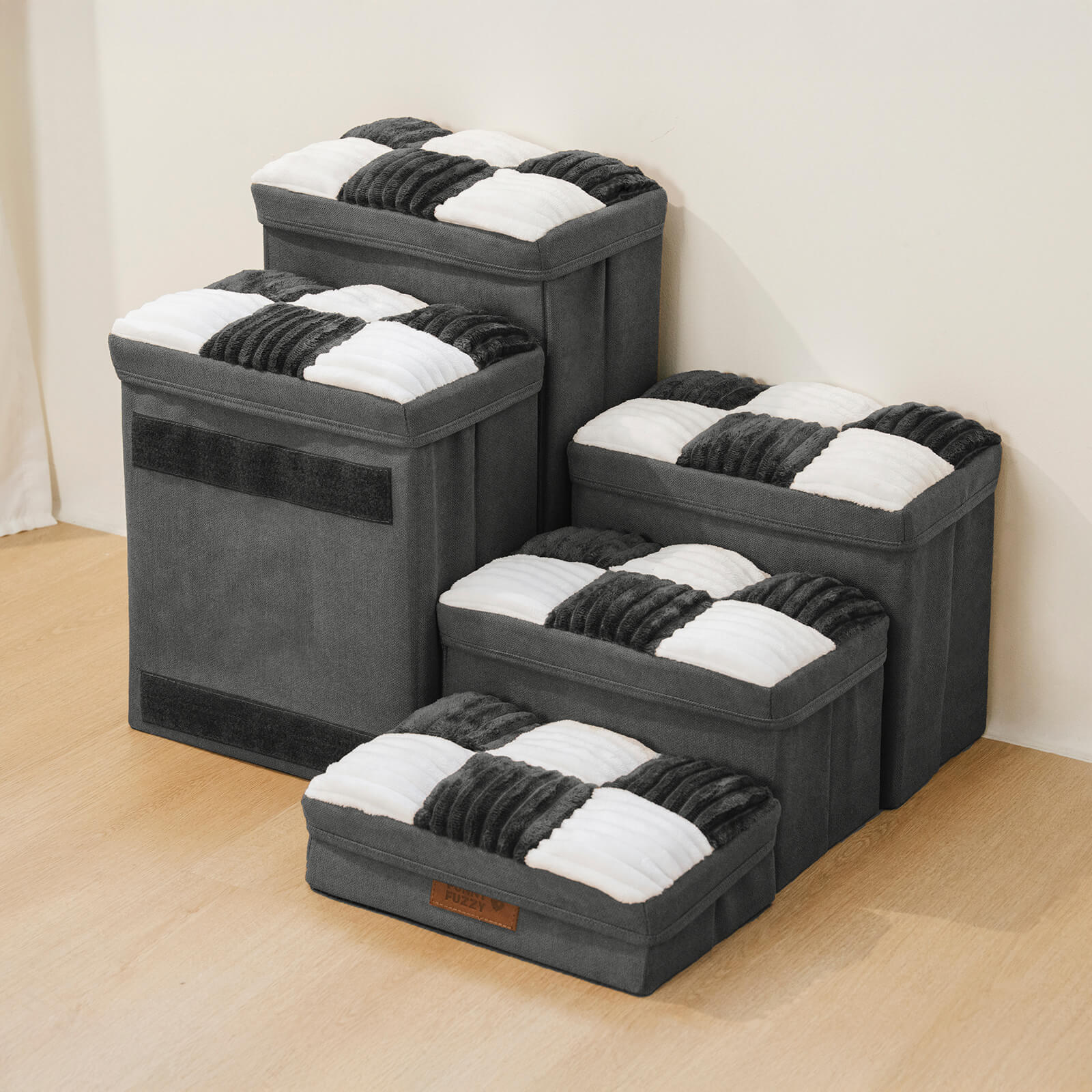 Abnehmbare Schachbrett-Plüsch-Handgefertigte Hundetreppe mit Stauraum - Klappbare Stufen