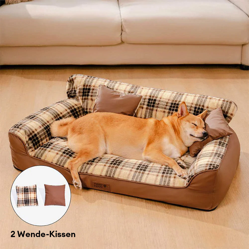 Orthopädisches Hundebett aus weichem Vintage-Karo-Plüsch mit Kissen – CozyLuxe