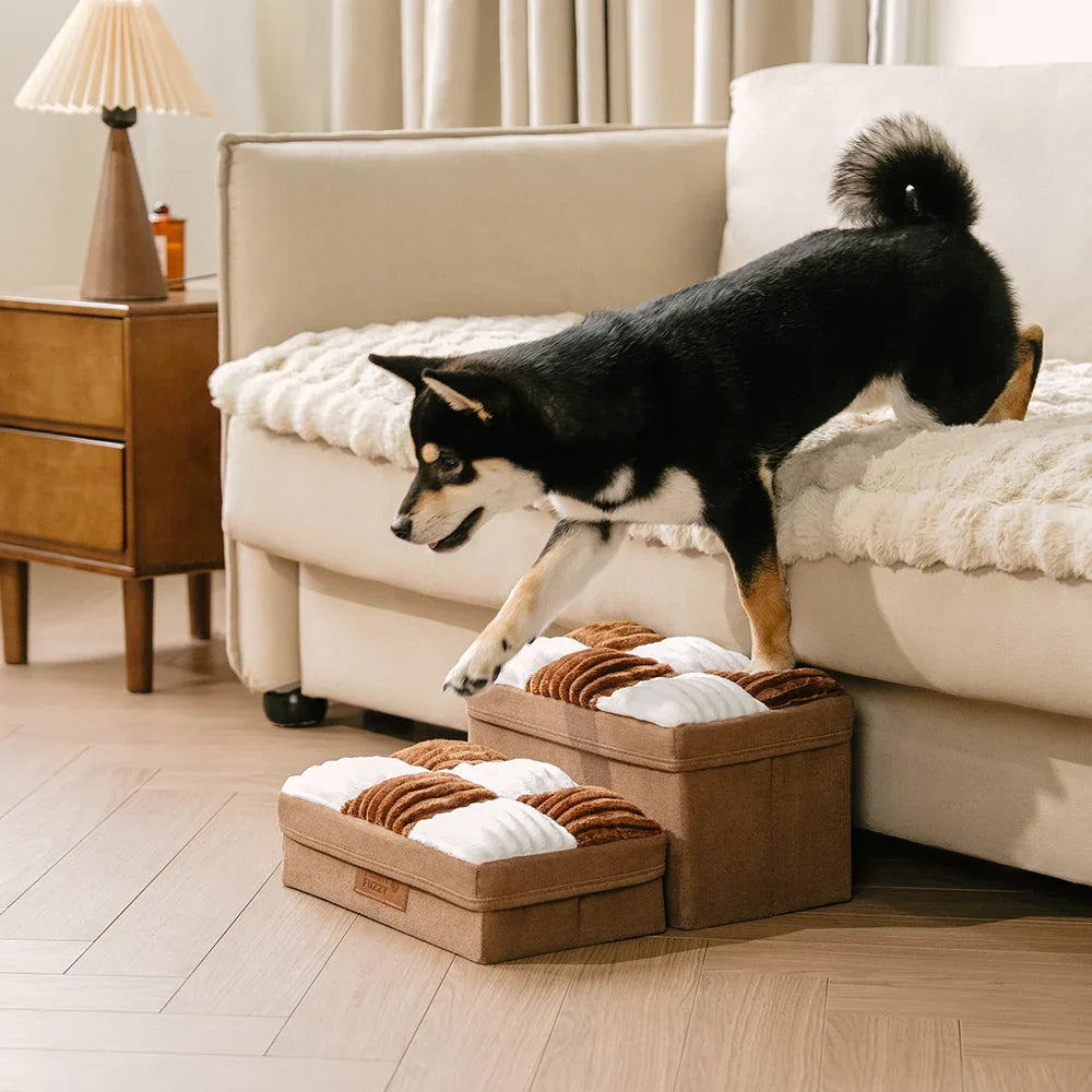 Abnehmbare Schachbrett-Plüsch-Handgefertigte Hundetreppe mit Stauraum - Klappbare Stufen