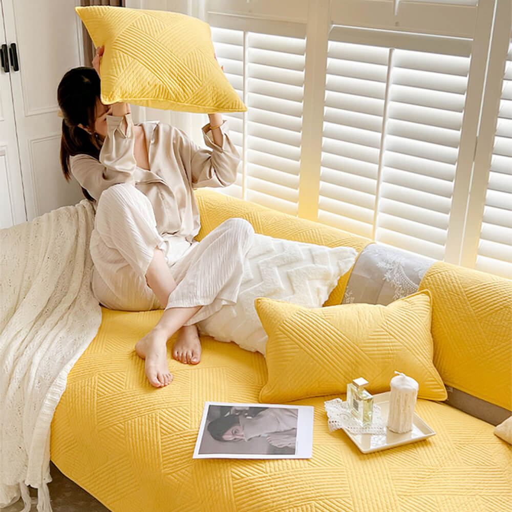 Minimalistischer Ganzjähriger Einfarbiger Baumwoll-Quilt mit geometrischem Muster Rutschfester Couch-Abdeckung