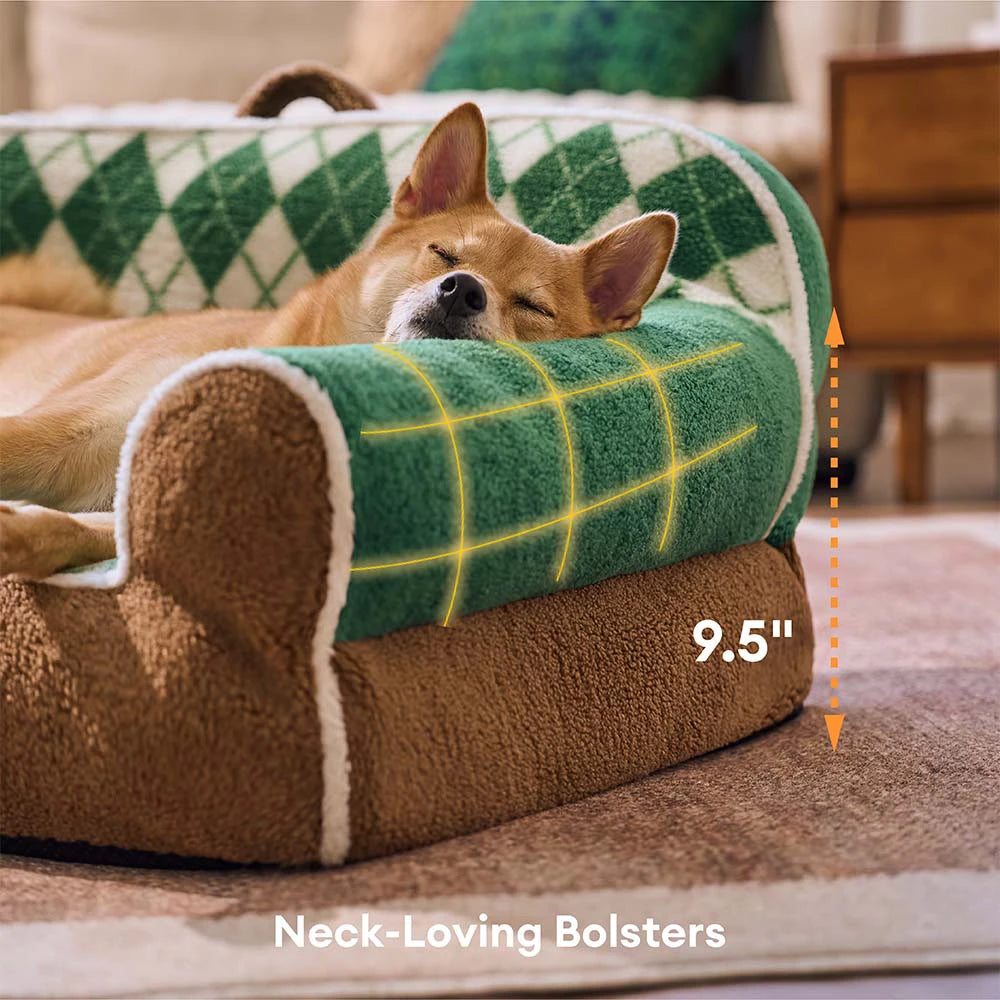 Orthopädisches Sherpa-Sofabett für Hunde und Katzen mit Diamantmuster – Farbe Kakaokiefer