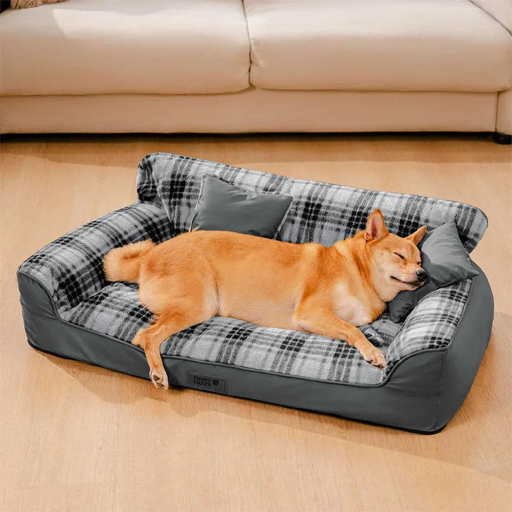 Orthopädisches Hundebett aus weichem Vintage-Karo-Plüsch mit Kissen – CozyLuxe