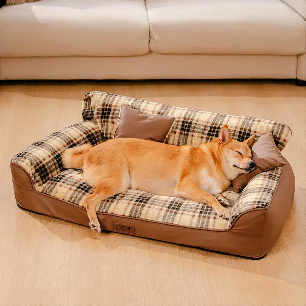 Orthopädisches Hundebett aus weichem Vintage-Karo-Plüsch mit Kissen – CozyLuxe