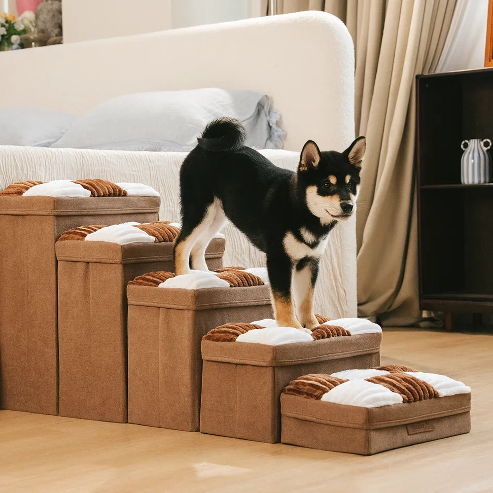 Abnehmbare Schachbrett-Plüsch-Handgefertigte Hundetreppe mit Stauraum - Klappbare Stufen