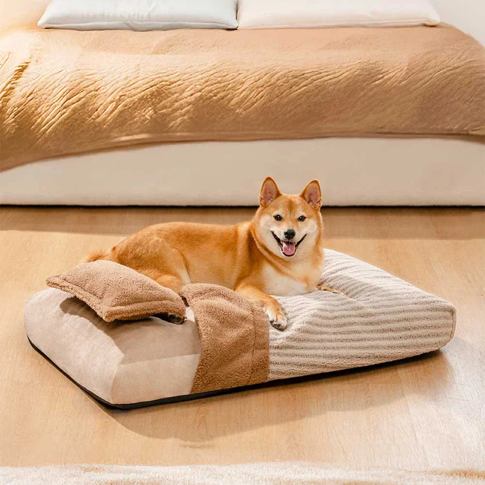 Plüsch gestreifter Höhlenbedeckter orthopädischer Hundebett mit Kissen - FluffyWarm