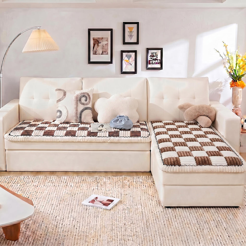 Cremefarbener großer karierten quadratischer fuzzy Haustier Hundematte Bett Ecksofa Couchbezug