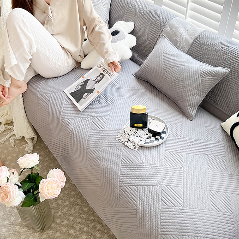 Minimalistischer Ganzjähriger Einfarbiger Baumwoll-Quilt mit geometrischem Muster Rutschfester Couch-Abdeckung