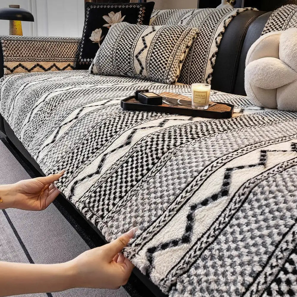 Klassischer Karomuster-Plüsch, kratzfest, bequem, rutschfester Sofabezug