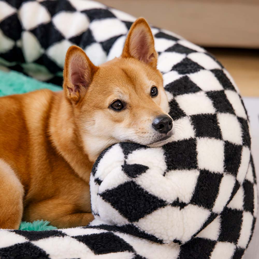 Klassisches Waschbares Hundebett mit Nackenrolle im Argyle-Stil in Donut-Form - Cozy Haven