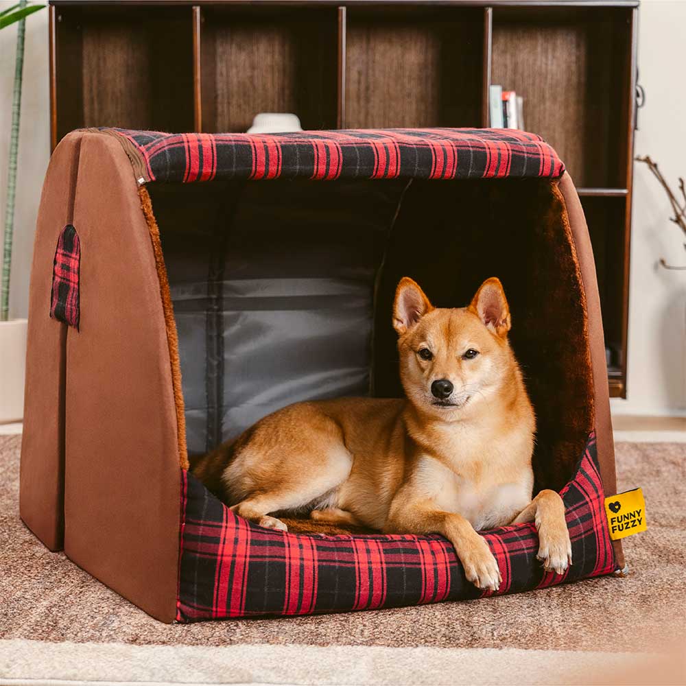 Klassisches Plaid-Haus orthopädisches Hundebett - Rückzugshütte