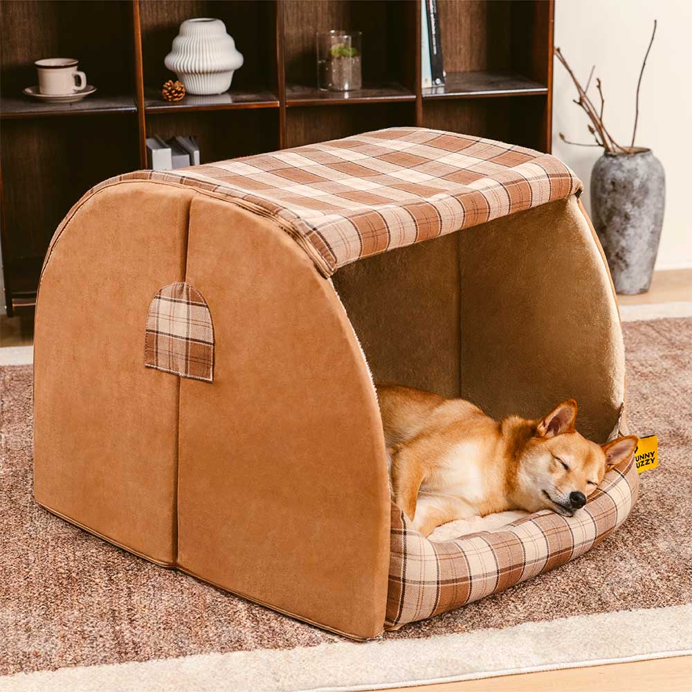 Klassisches Plaid-Haus orthopädisches Hundebett - Rückzugshütte