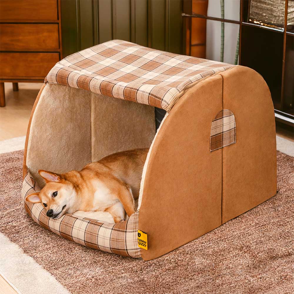 Klassisches Plaid-Haus orthopädisches Hundebett - Rückzugshütte