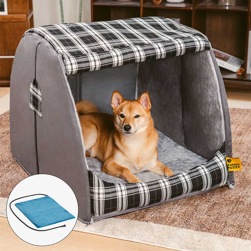 Klassisches Plaid-Haus orthopädisches Hundebett - Rückzugshütte