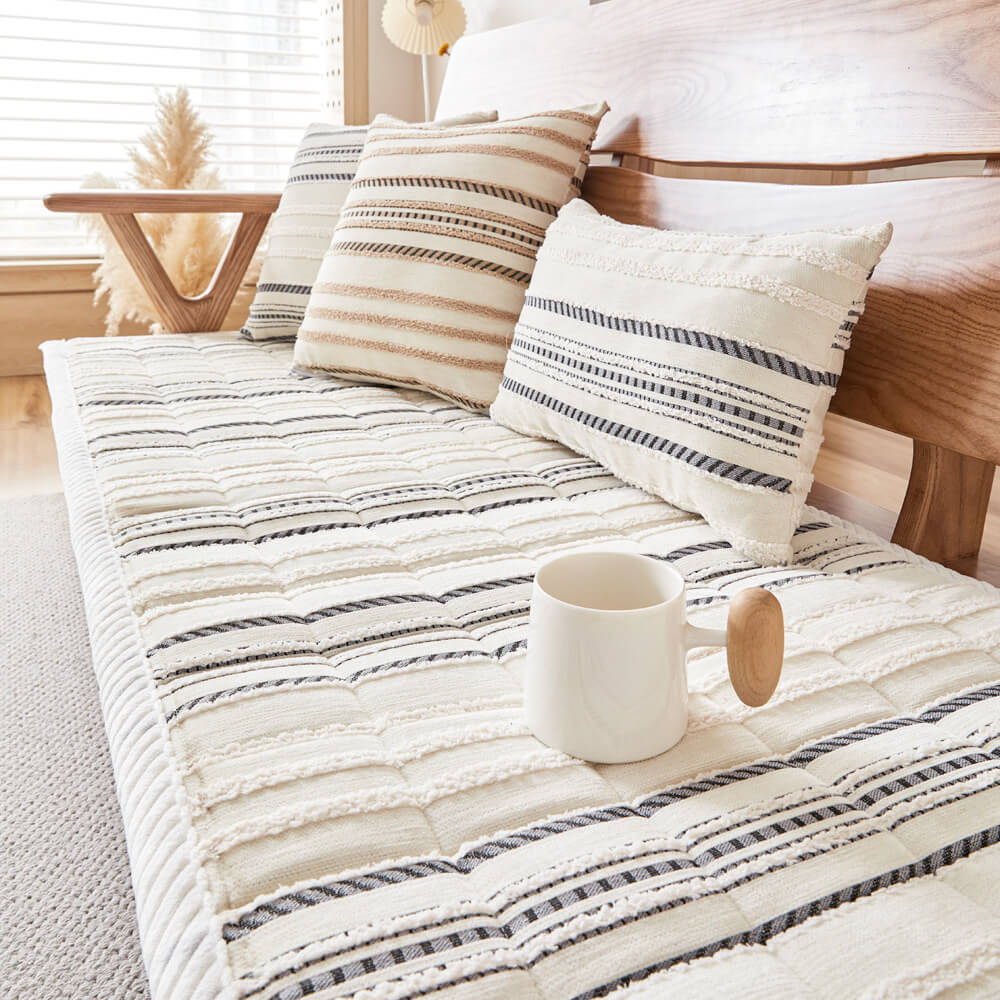 Gemütlicher Chenille gestreifter Plüsch-Sofaschoner, rutschfester Couchschutz für Haustiere