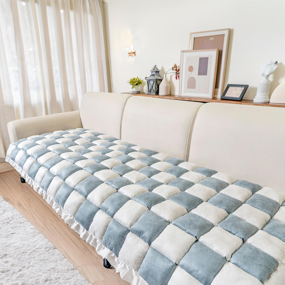 Cremefarbener großer karierten quadratischer fuzzy Haustier Hundematte Bett Ecksofa Couchbezug