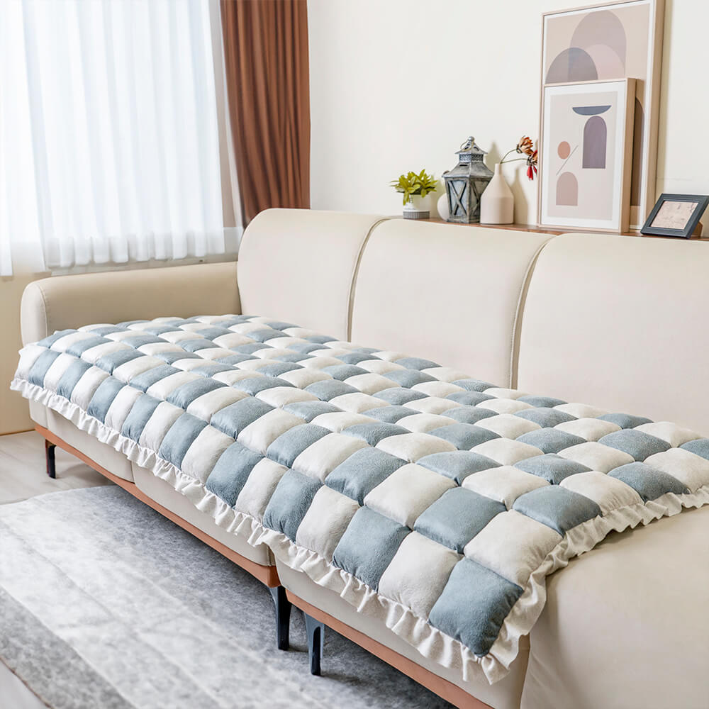 Cremefarbener großer karierten quadratischer fuzzy Haustier Hundematte Bett Ecksofa Couchbezug