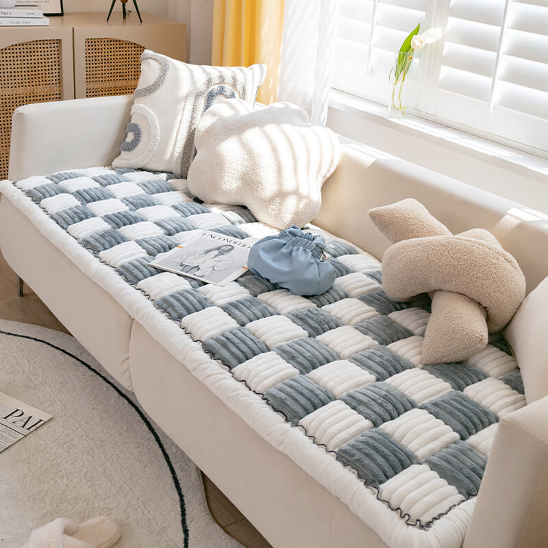 Cremefarbener großer karierten quadratischer fuzzy Haustier Hundematte Bett Ecksofa Couchbezug