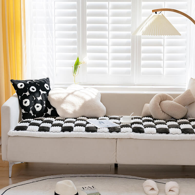 Cremefarbener großer karierten quadratischer fuzzy Haustier Hundematte Bett Ecksofa Couchbezug
