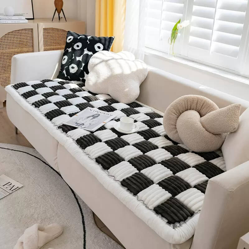 Cremefarbener großer karierten quadratischer fuzzy Haustier Hundematte Bett Ecksofa Couchbezug