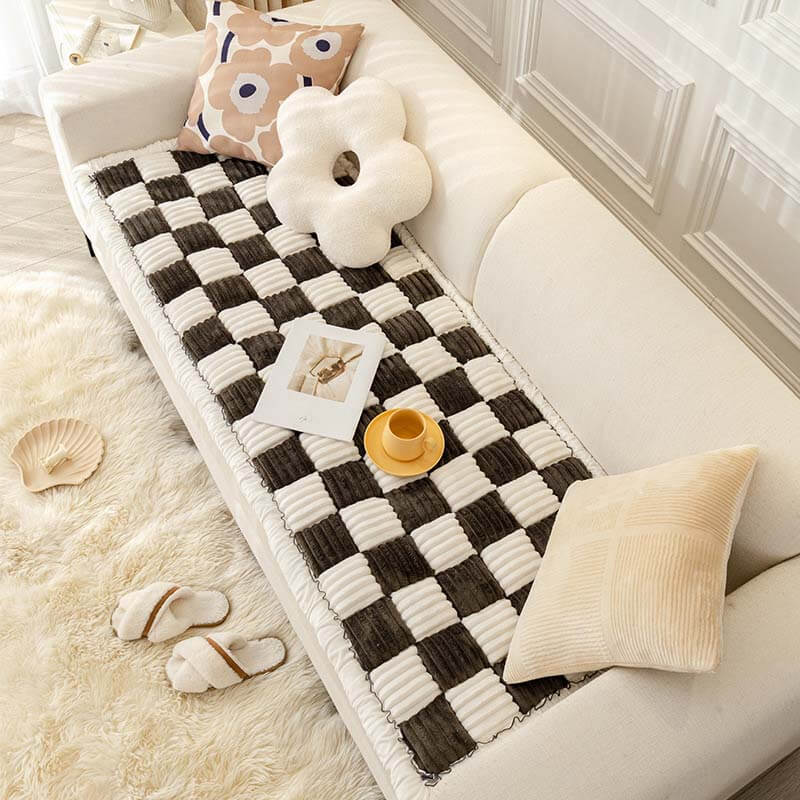 Cremefarbener großer karierten quadratischer fuzzy Haustier Hundematte Bett Ecksofa Couchbezug