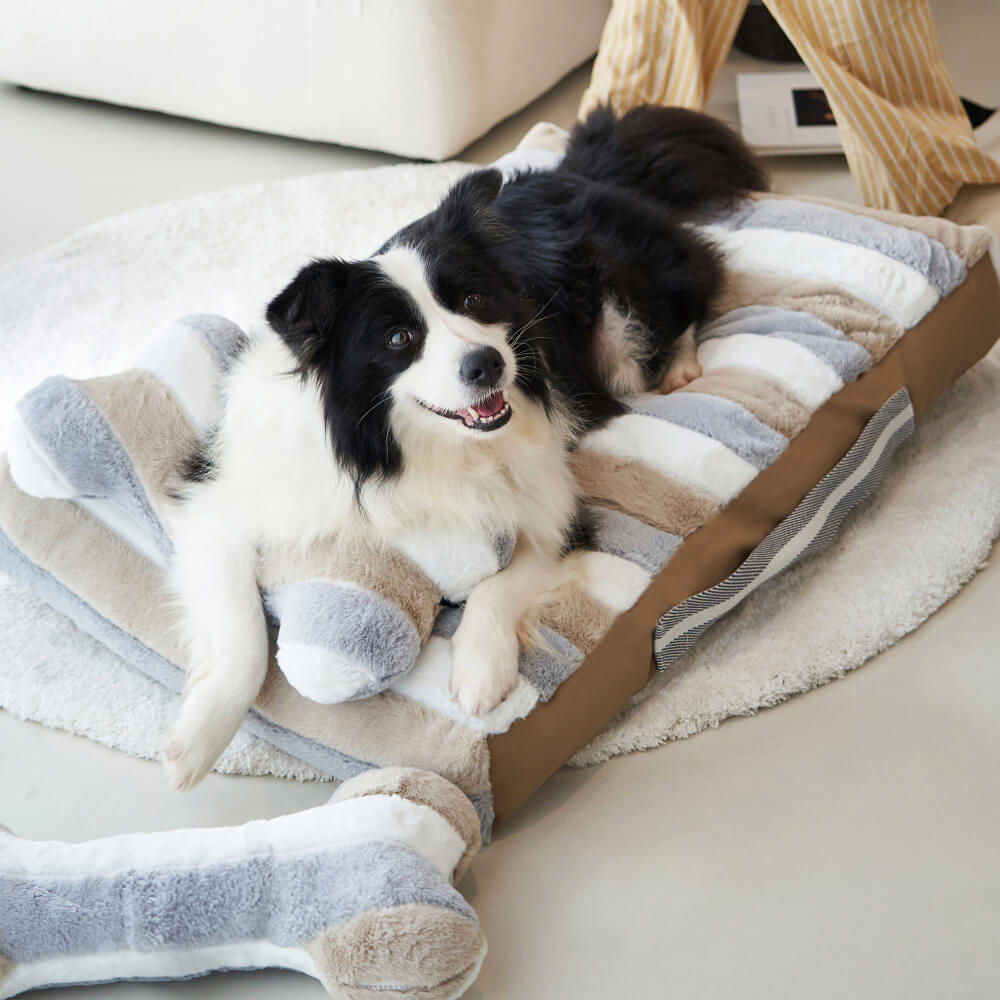 Deluxe-Hundebett aus gestreiftem Plüsch mit Kissen