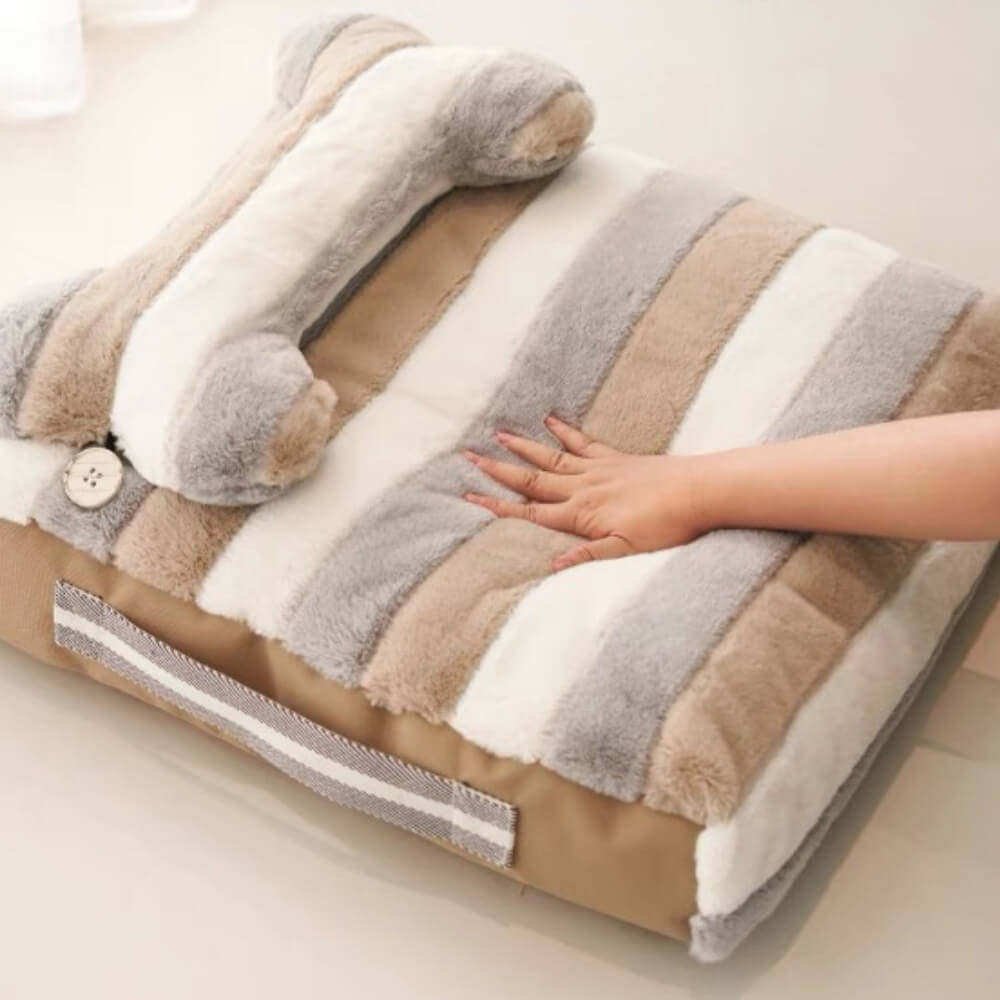 Deluxe-Hundebett aus gestreiftem Plüsch mit Kissen