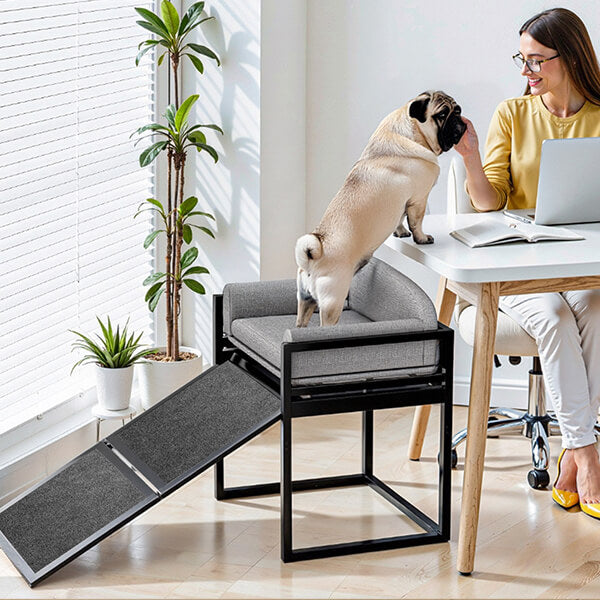 Erhöhtes Haustier-Sofa-Bett mit Treppe und Rampe für das Schlafsofa oder als Fensterplatz für Hunde.