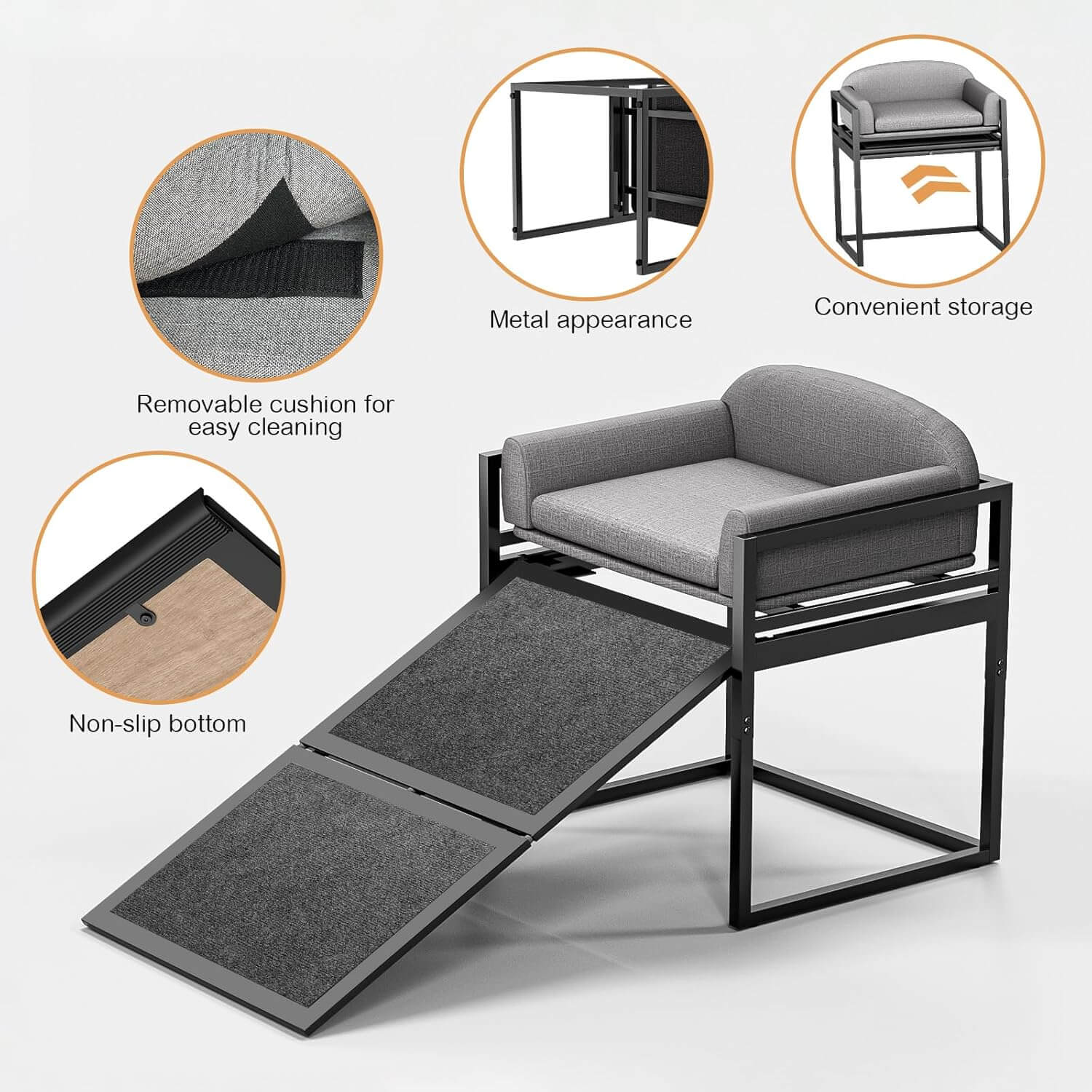Erhöhtes Haustier-Sofa-Bett mit Treppe und Rampe für das Schlafsofa oder als Fensterplatz für Hunde.