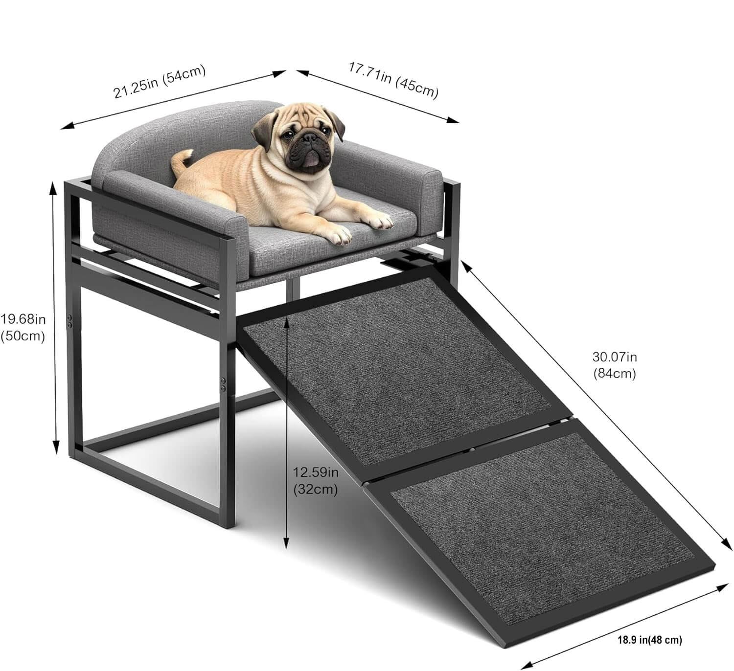 Erhöhtes Haustier-Sofa-Bett mit Treppe und Rampe für das Schlafsofa oder als Fensterplatz für Hunde.