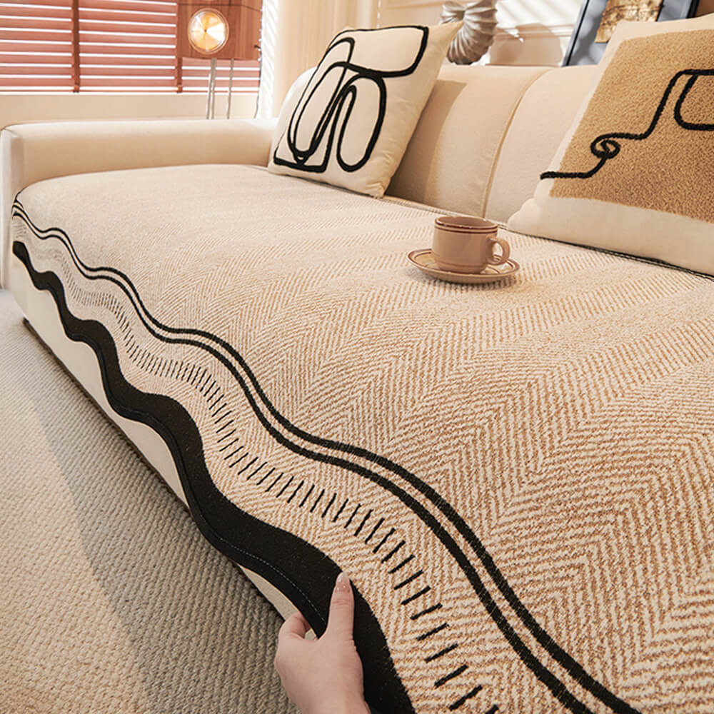Rutschfeste Fischgrät-Chenille-Sofabezug mit welligen Kanten