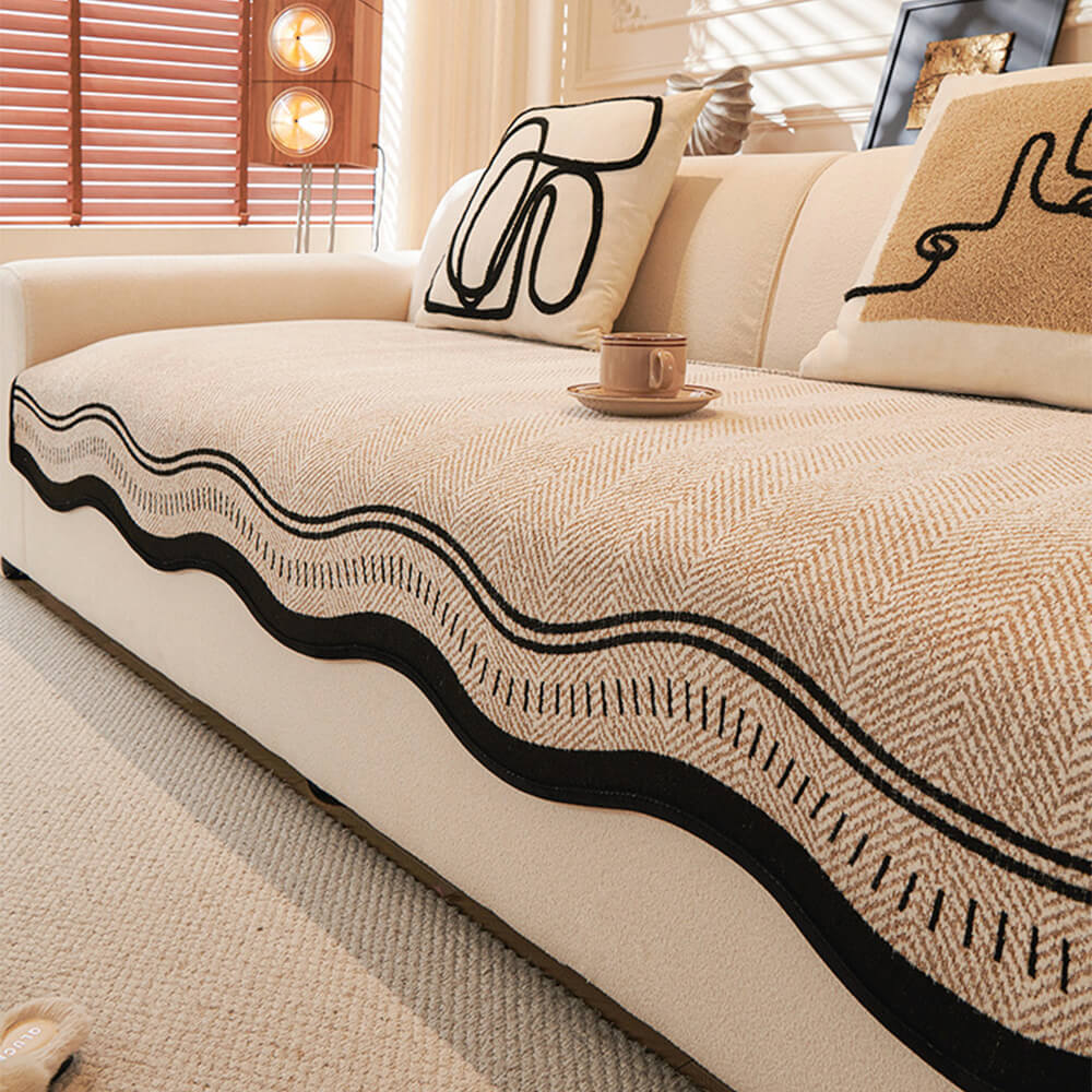 Rutschfeste Fischgrät-Chenille-Sofabezug mit welligen Kanten