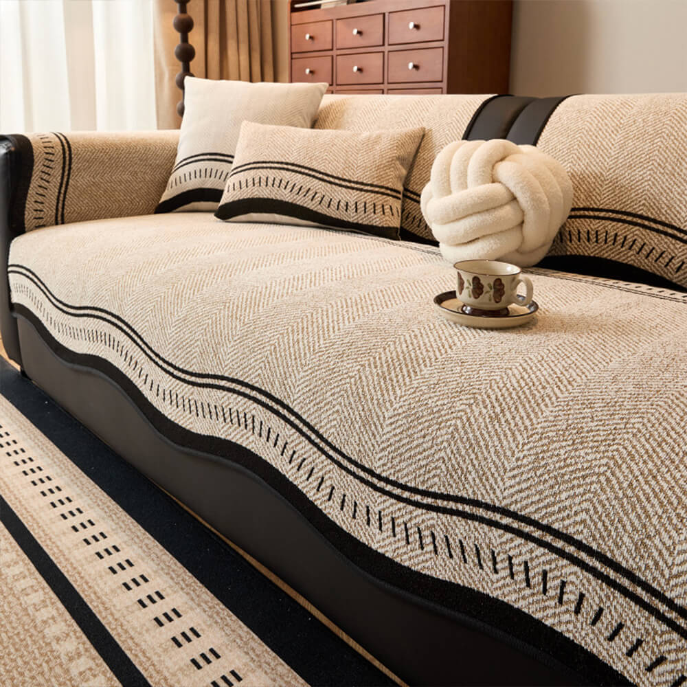 Rutschfeste Fischgrät-Chenille-Sofabezug mit welligen Kanten
