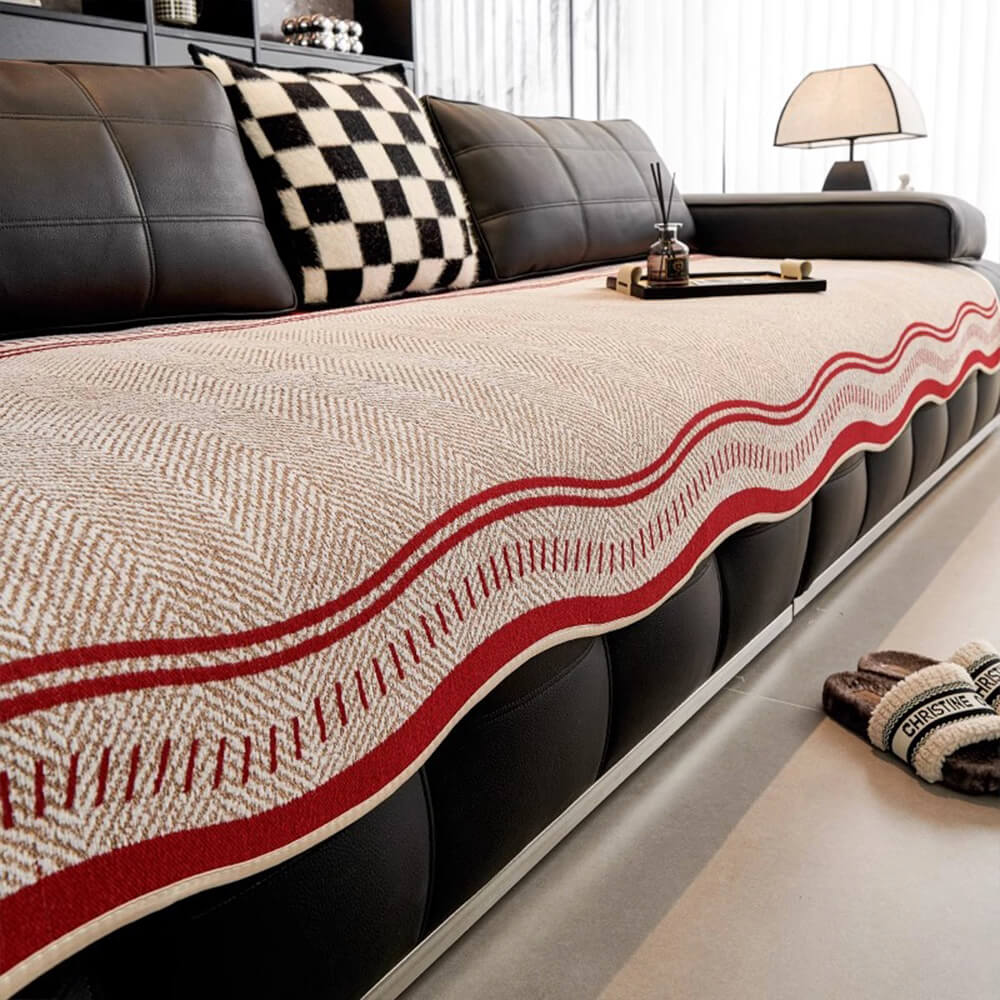 Rutschfeste Fischgrät-Chenille-Sofabezug mit welligen Kanten