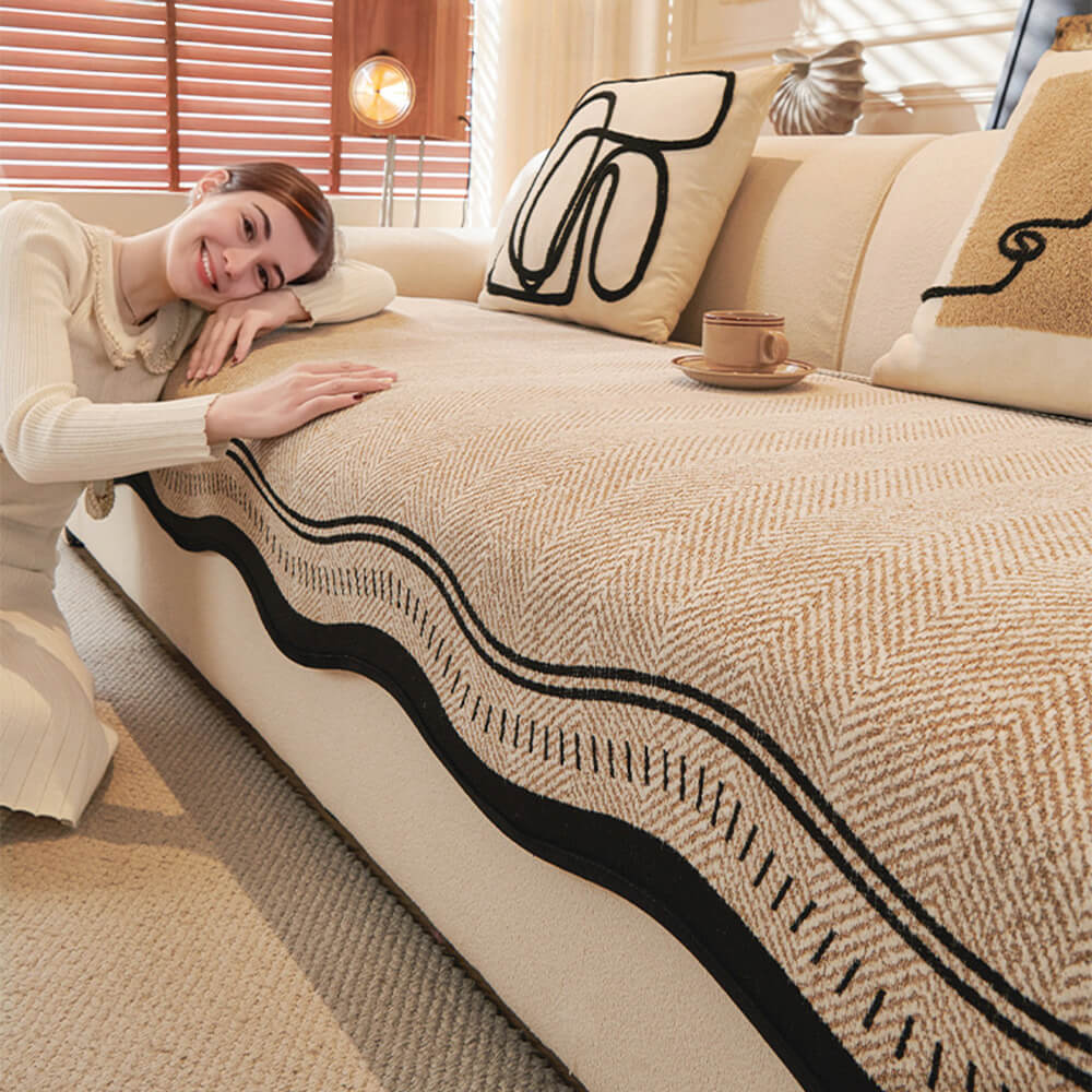 Rutschfeste Fischgrät-Chenille-Sofabezug mit welligen Kanten
