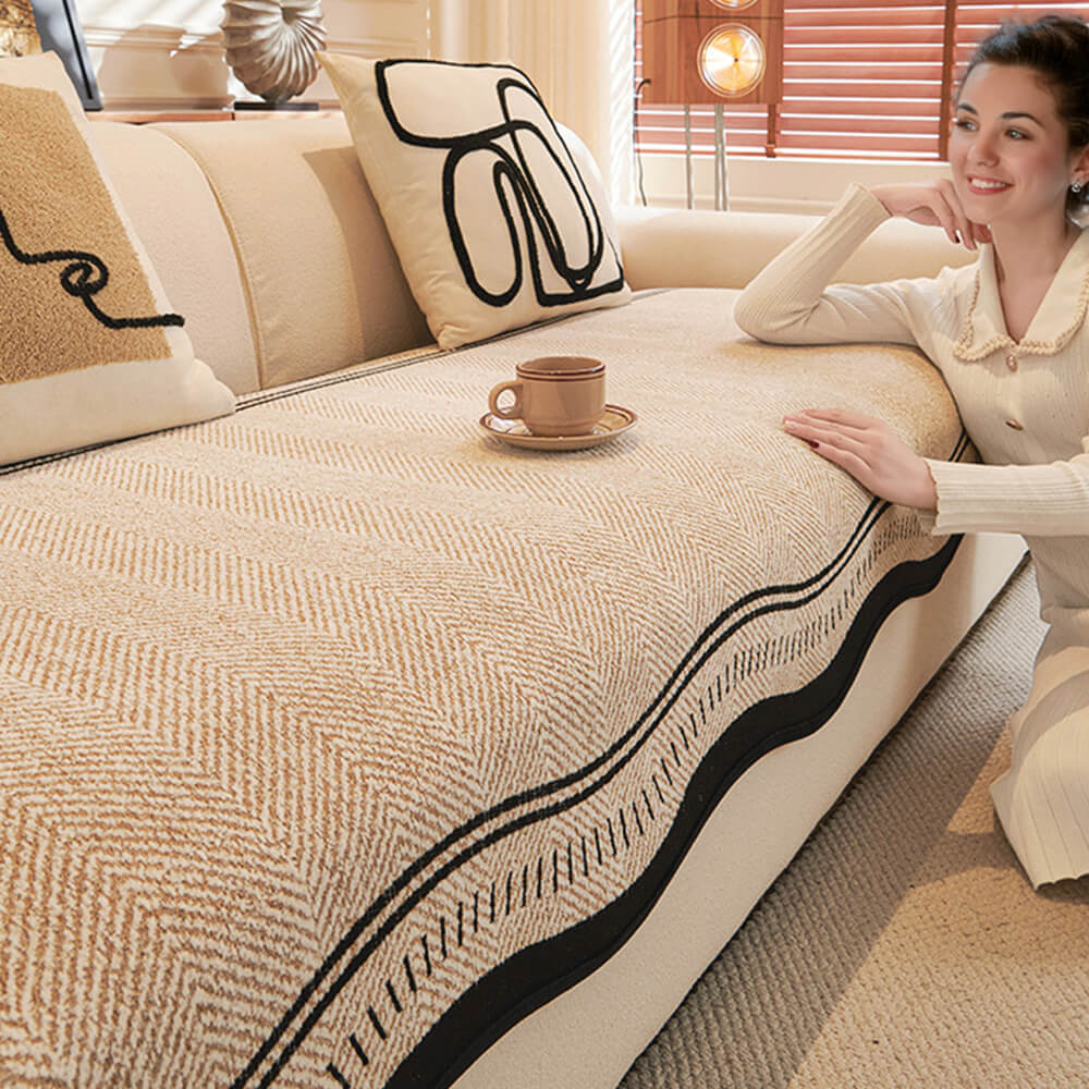 Rutschfeste Fischgrät-Chenille-Sofabezug mit welligen Kanten