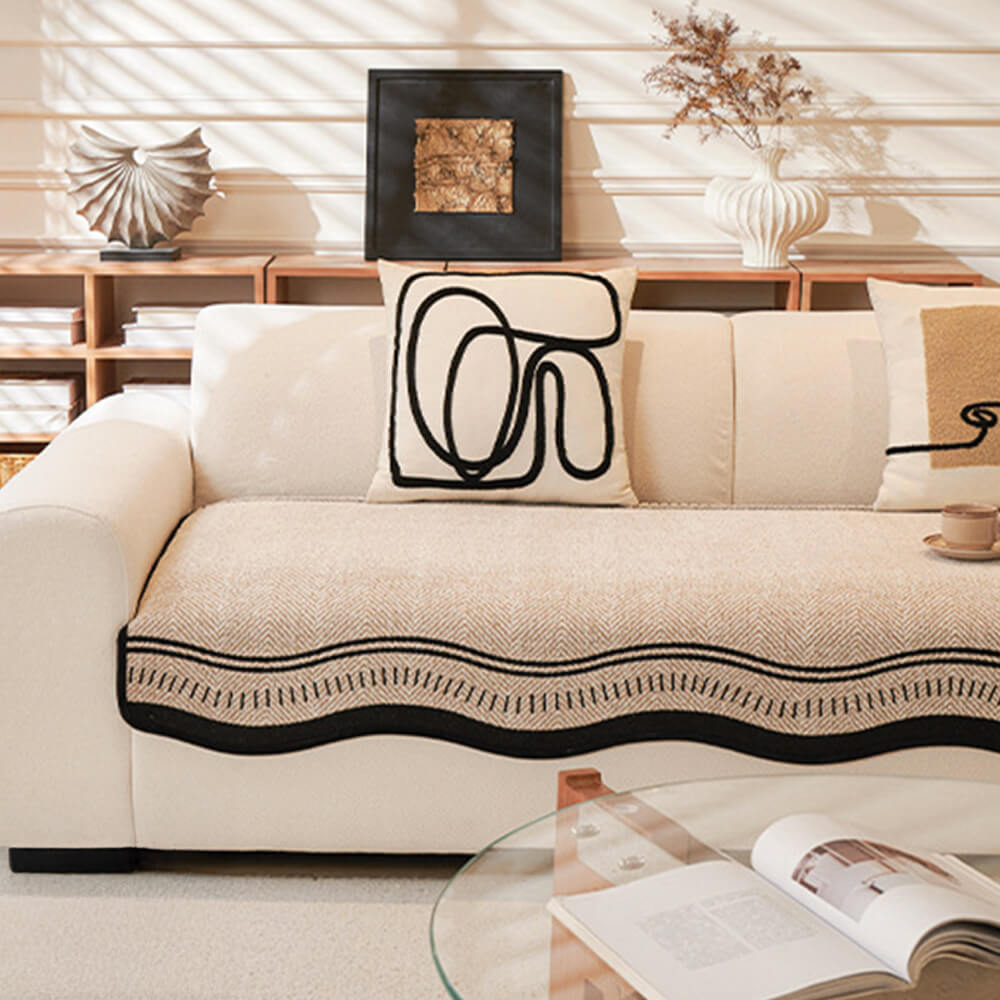 Rutschfeste Fischgrät-Chenille-Sofabezug mit welligen Kanten