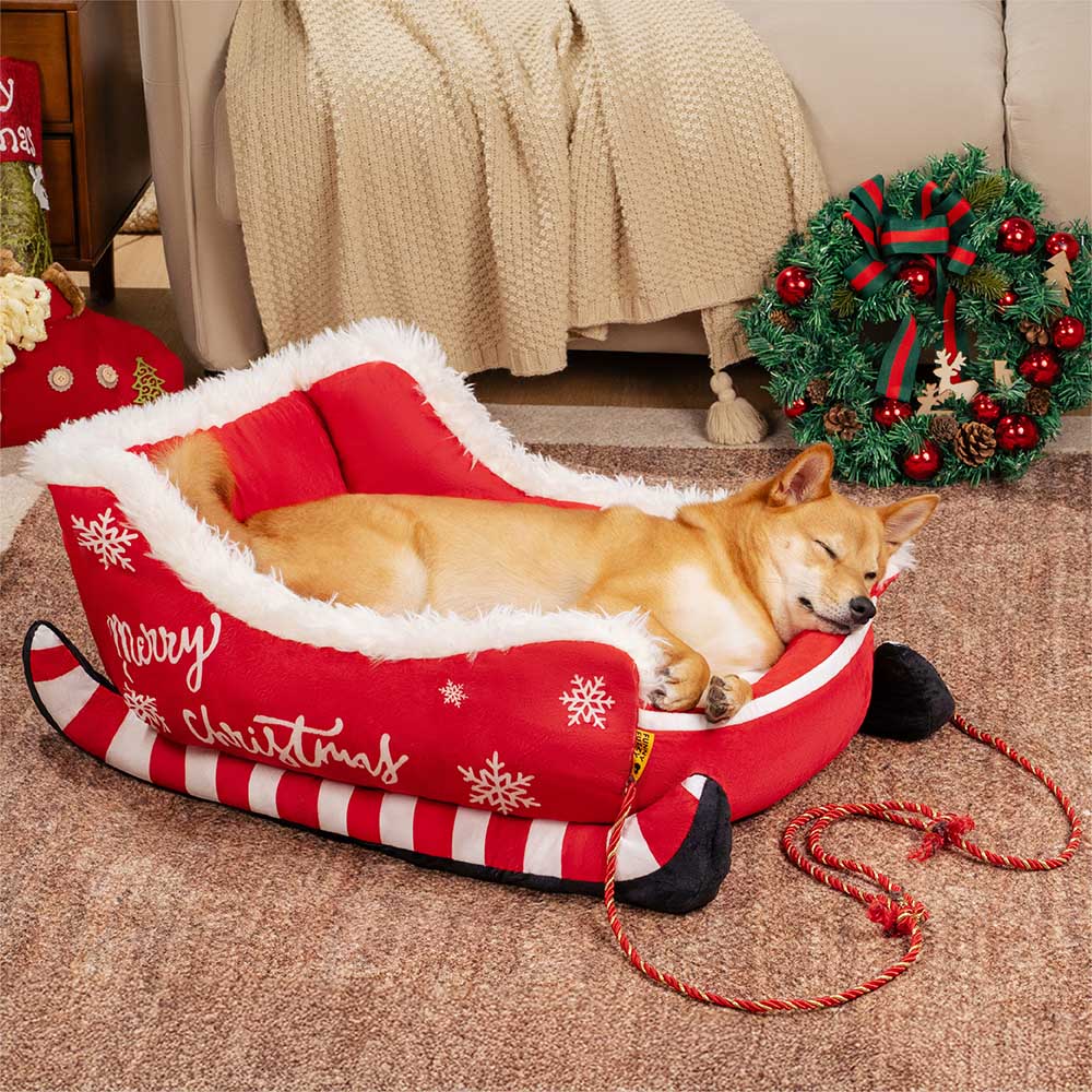 Festliches Gemütliches Hundebett aus Plüsch – Weihnachtsschlitten