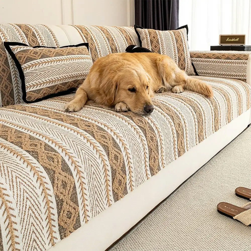 Farbblockiertes gestreiftes Chenille-Rutschfester Sofabezug - Für alle Jahreszeiten geeignet