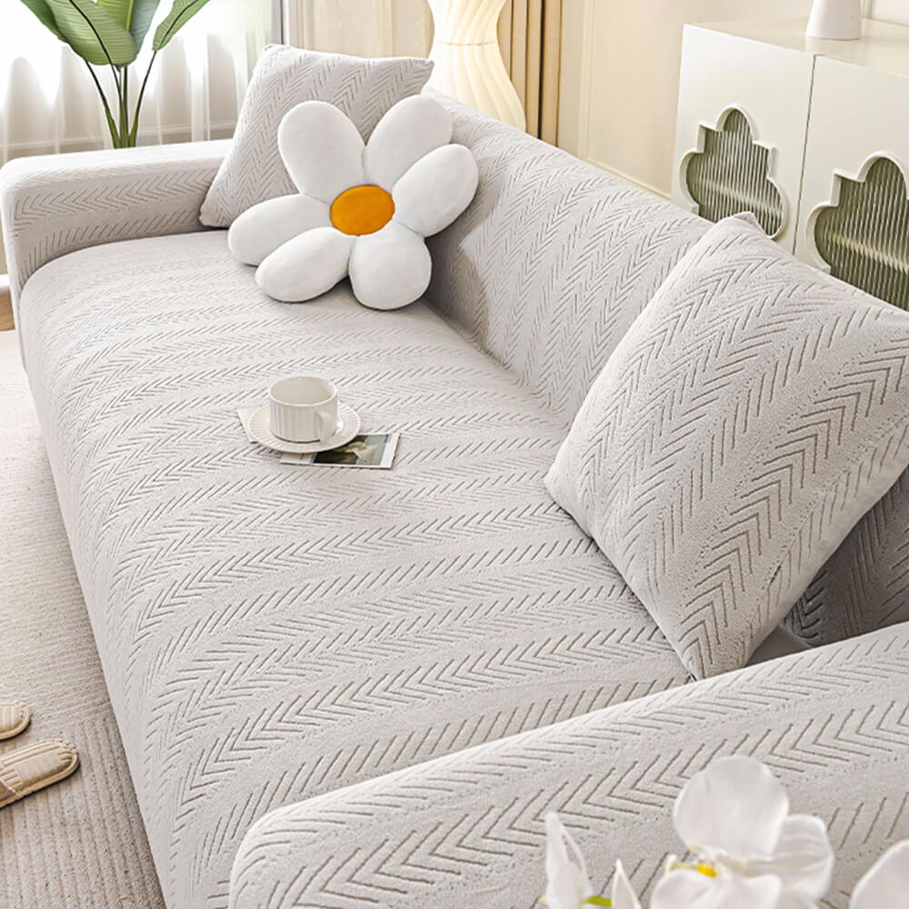 Elegante Fischgrät-Creme Ästhetik Stretch Magic Sofaüberzug