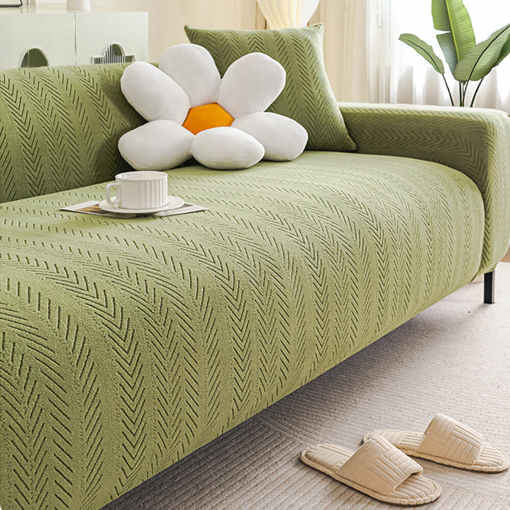 Elegante Fischgrät-Creme Ästhetik Stretch Magic Sofaüberzug
