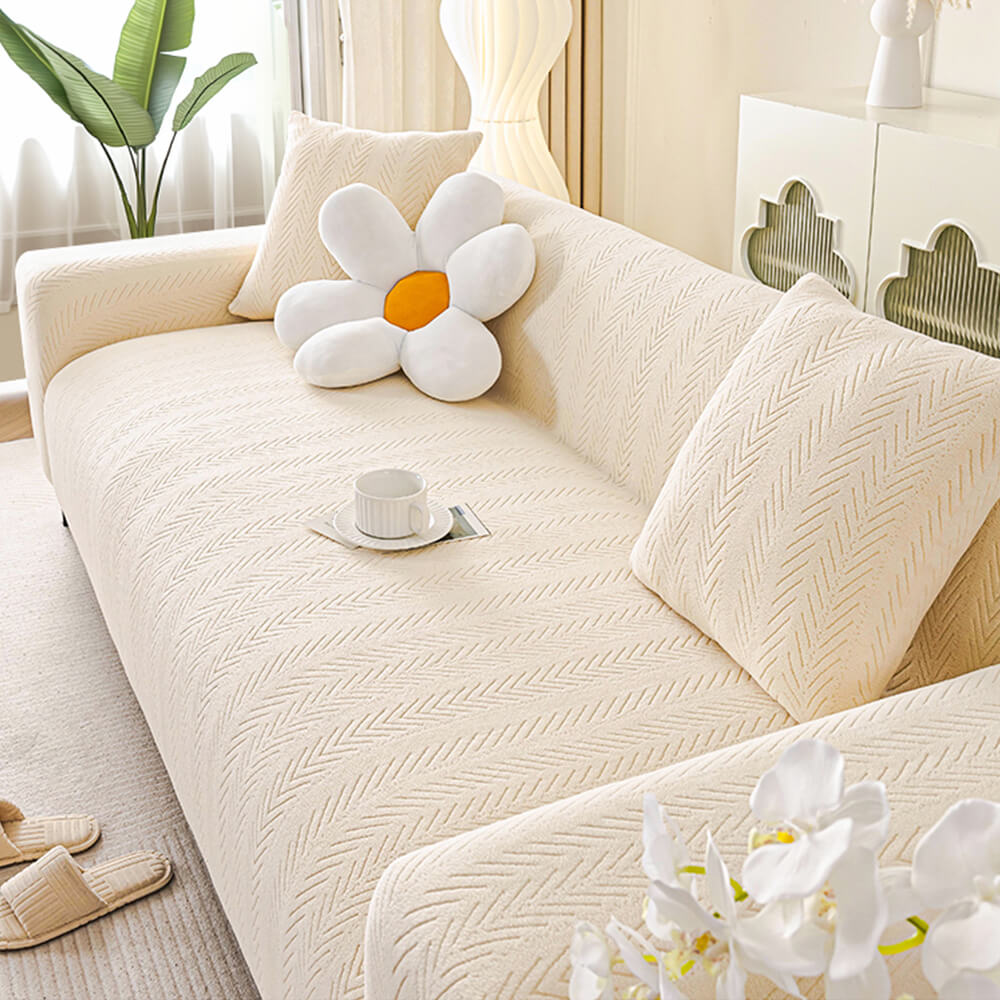 Elegante Fischgrät-Creme Ästhetik Stretch Magic Sofaüberzug