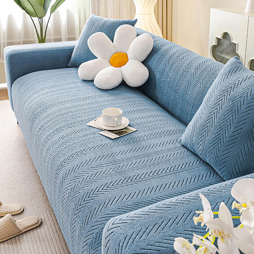 Elegante Fischgrät-Creme Ästhetik Stretch Magic Sofaüberzug