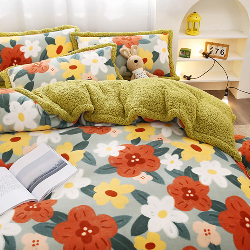 Blumenmuster Milchvelours & Sherpa beidseitiges Bettlaken-Set