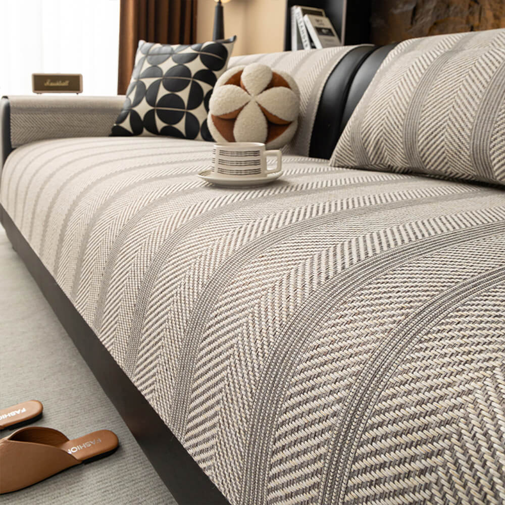 Minimalistisches Fischgrätenmuster Atmungsaktive Kunstleinen Ganzjahres-Sofabezug