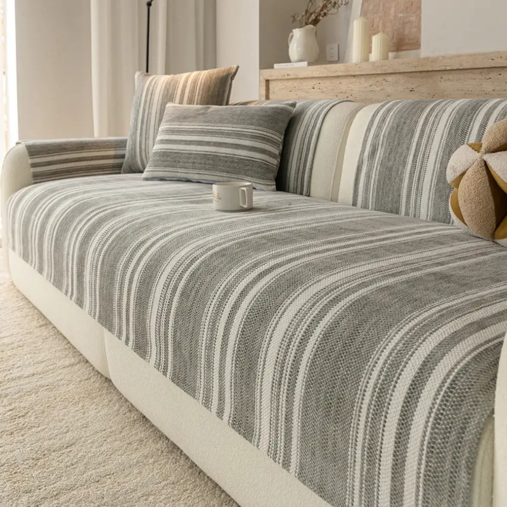 Naturstreifen Chenille Verdickter Sofa-Schutz Waschbar Rutschfeste Couch-Bezug