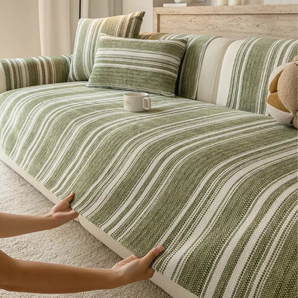 Naturstreifen Chenille Verdickter Sofa-Schutz Waschbar Rutschfeste Couch-Bezug